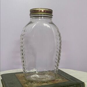 Clear Glass Jar with Gold Lid patterned sides vintage